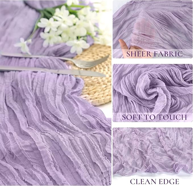 Lilac Purple Cheese Cloth Table Runner Boho Romantic 10ft Gauze Cheesecloth Table Runner for Baby Shower Decoration Wedding Bridal Shower Fall Thanksgiving Table Decor