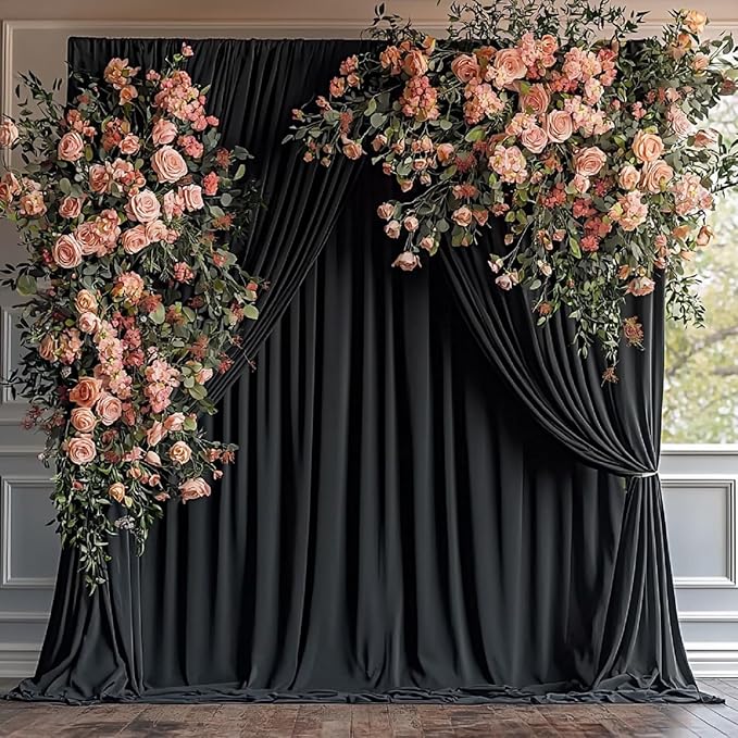 20ftx12ft Wrinkle Free Black Backdrop Curtain, 4 Panels 12FT Height Black Wedding Backdrop Drapes, Silky Polyester Back Drop Cloth for Birthday Photography Background Party Backdrop Draping