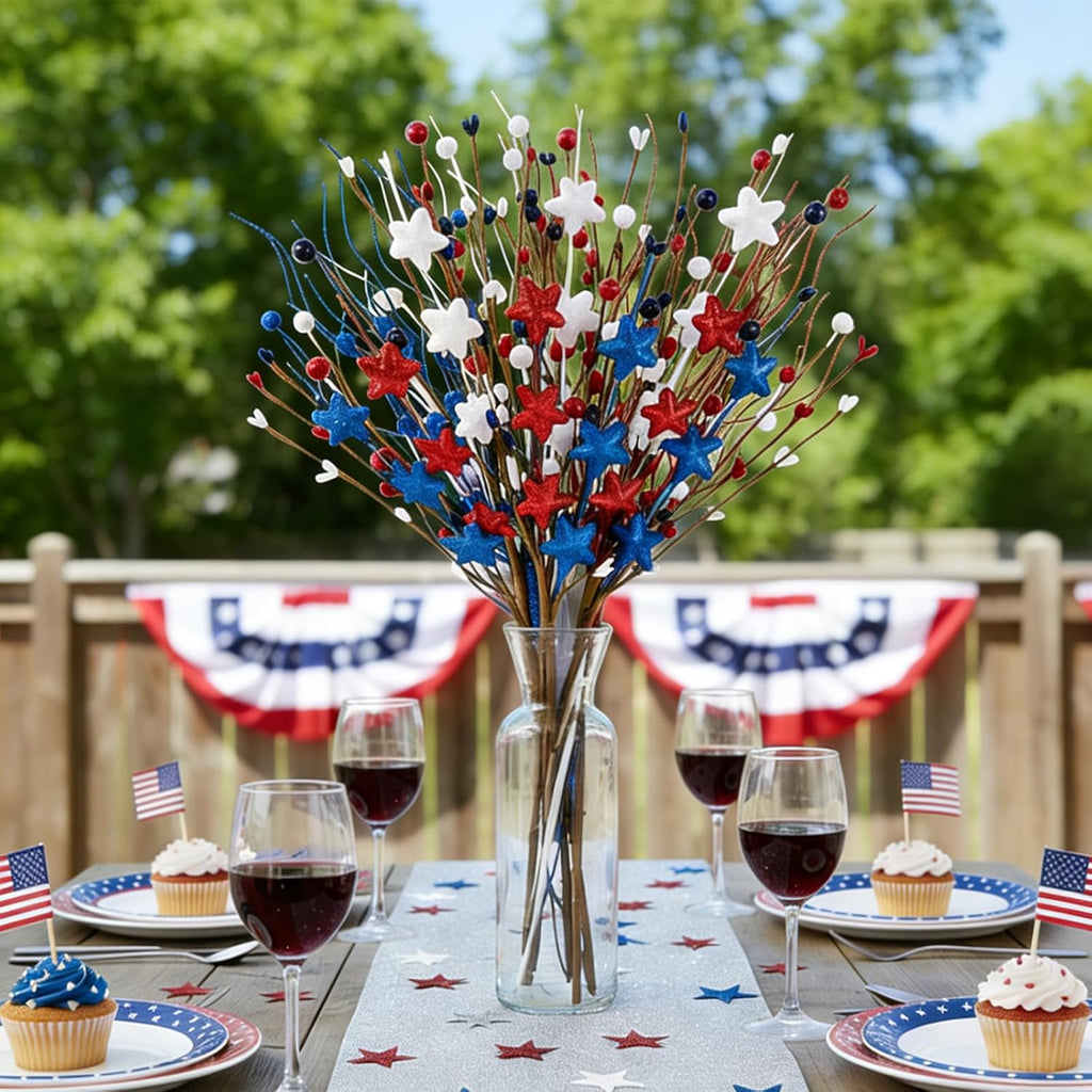 6 Pack 4th of July Patriotic Artificial Berry Stem Picks Red White and Blue Stars Flowers Decoration for Independence Day, Pentagram Faux Berry Branches for Home Office Restaurant Vase Decor