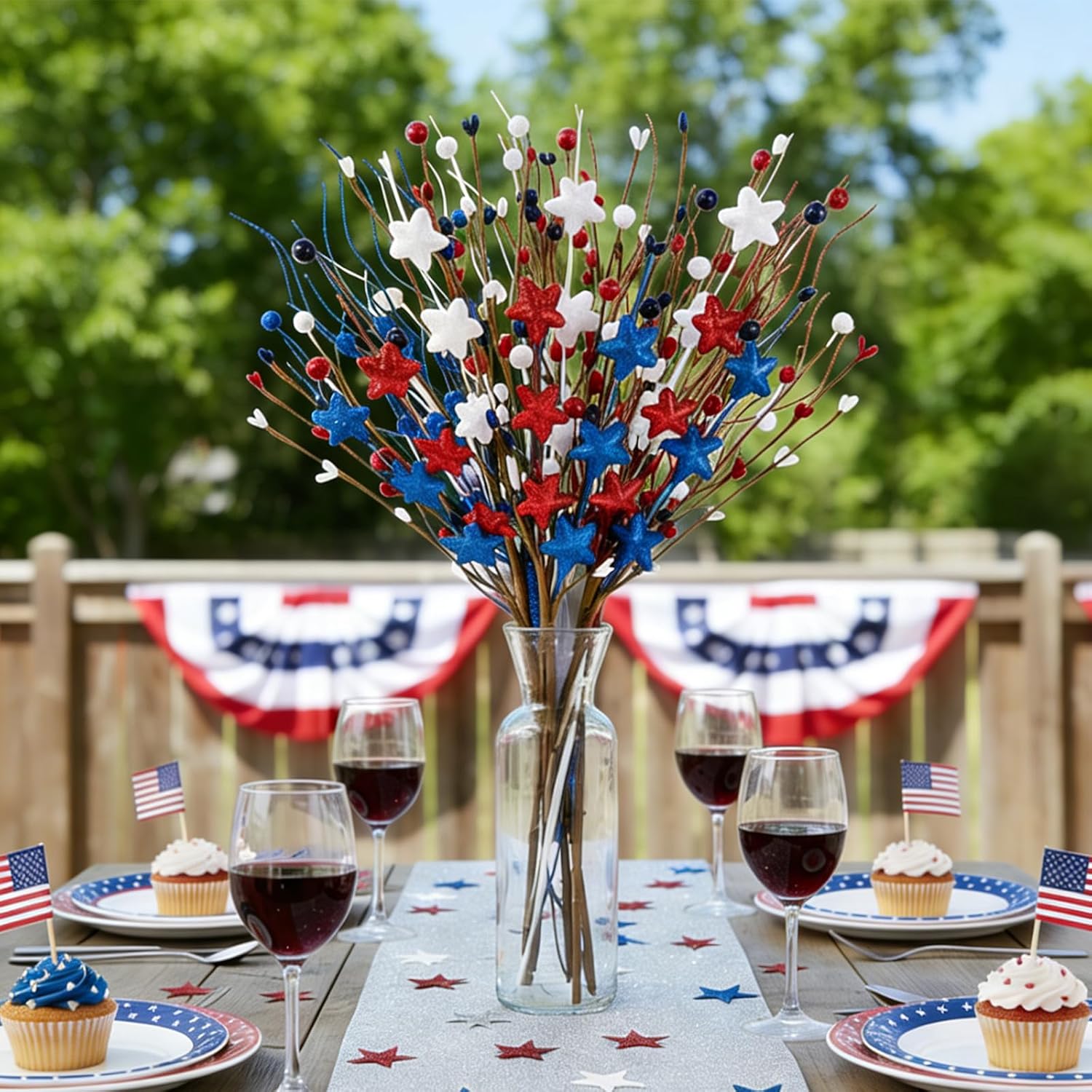 6 Pack 4th of July Patriotic Artificial Berry Stem Picks Red White and Blue Stars Flowers Decoration for Independence Day, Pentagram Faux Berry Branches for Home Office Restaurant Vase Decor