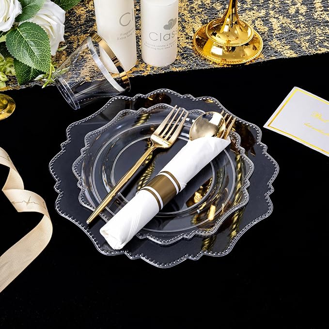COLOSUS 350pcs Clear Plastic Plates Disposable Gold Cutlery Dinnerware set for party: 50 Dinner Plate, 50 Dessert Plate, 50 Per Rolled Napkins with Gold Silverware, 50 Cups 9 OZ for Wedding & Party