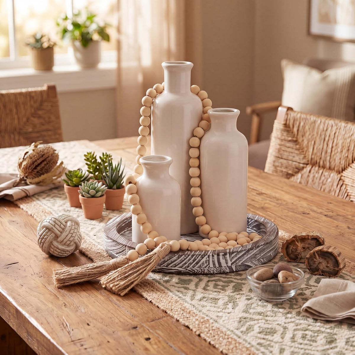 coffee table decor set, gray white showing dimensions