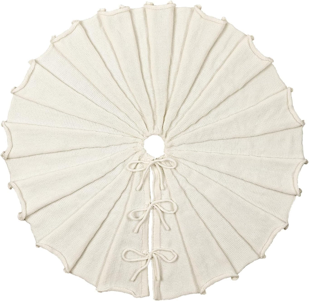 36 inch Christmas Tree Skirt: Pencil Tree Skirt for 6ft Tree, Pleated Design Knit Cream White Small Tree Skirt, Vintage Tree Skirts, Rustic Farmhouse Christmas Decorations