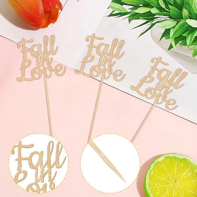 24 PCS Fall in Love Cupcake Toppers Glitter Fall Theme Bridal Shower Cupcake Picks for Autumn Wedding Engagement Anniversary Birthday Bridal Shower Party Cake Decorations Supplies Champagne Gold