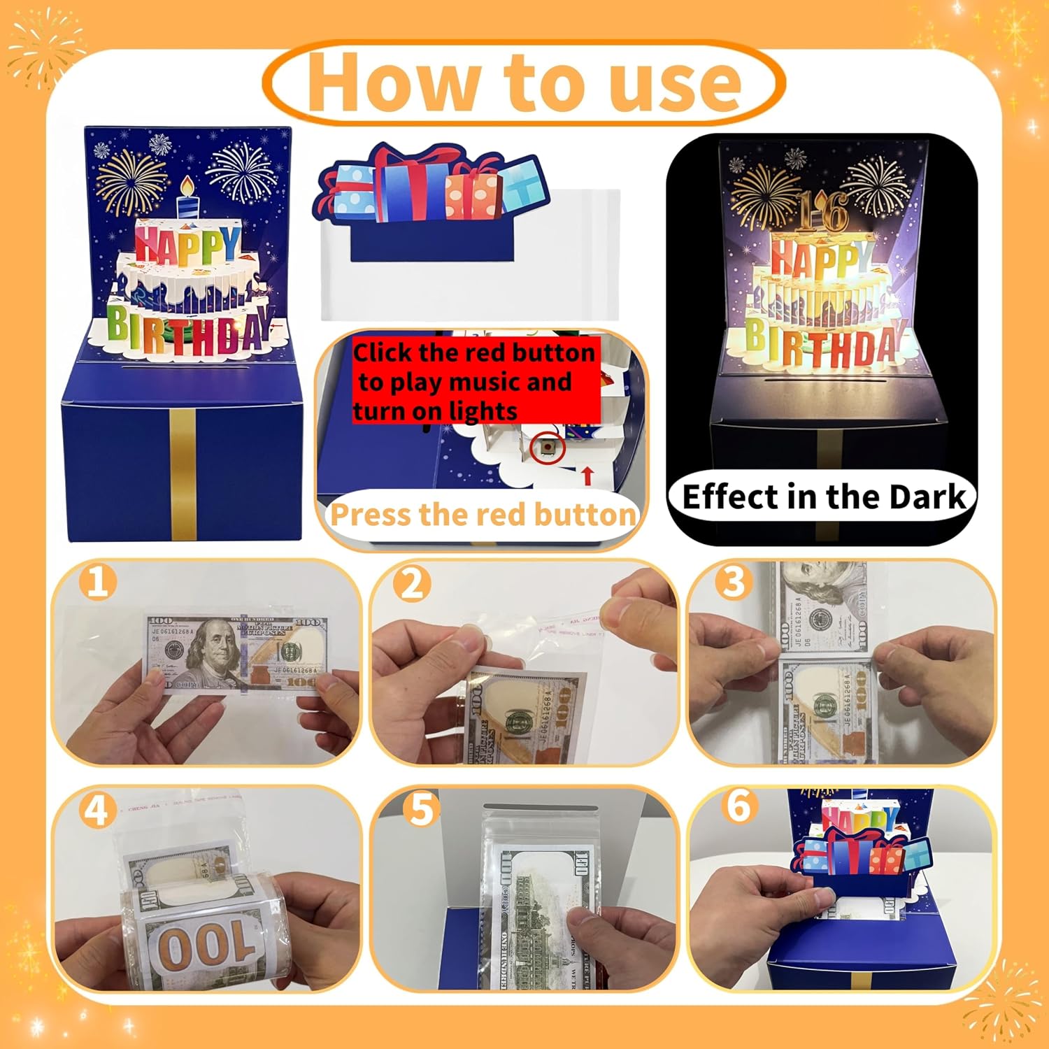 JINSTABAG Birthday Money Box for Cash Gift, Money Pull Box with Music Light DIY Sticker 13th 16th 18th 21th Any Age and Banner, Birthday Decorations for Boys Girls Kids Adult (Dark Blue)