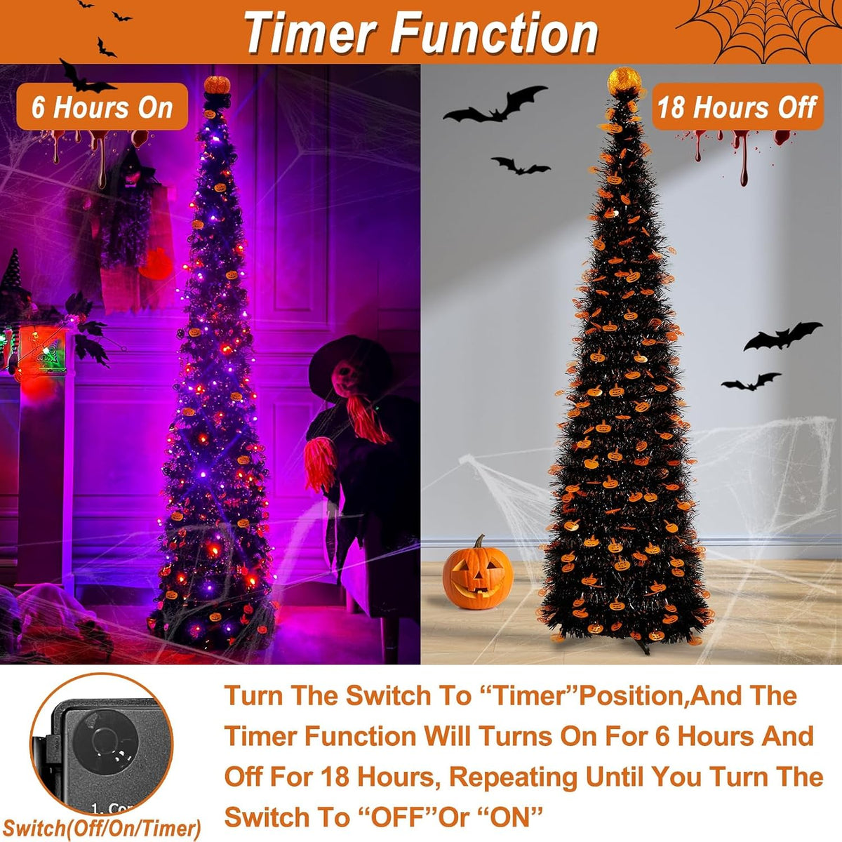 6 ft black tinsel halloween tree with lights, side view