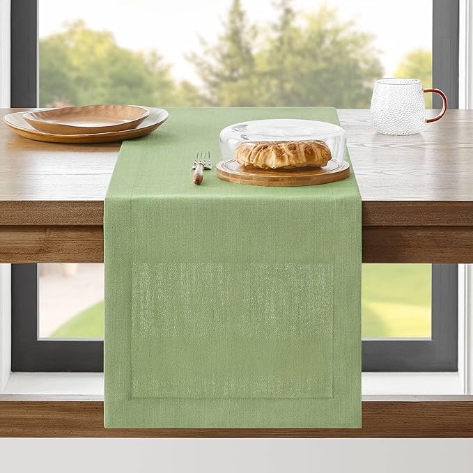 ZeeMart Linen Textured Border Table Runner, 14 x 36 Inch Green, Farmhouse Style Sage Green Table Runners 36 Inches Long, Easy Care Everyday Polyester Table Runner