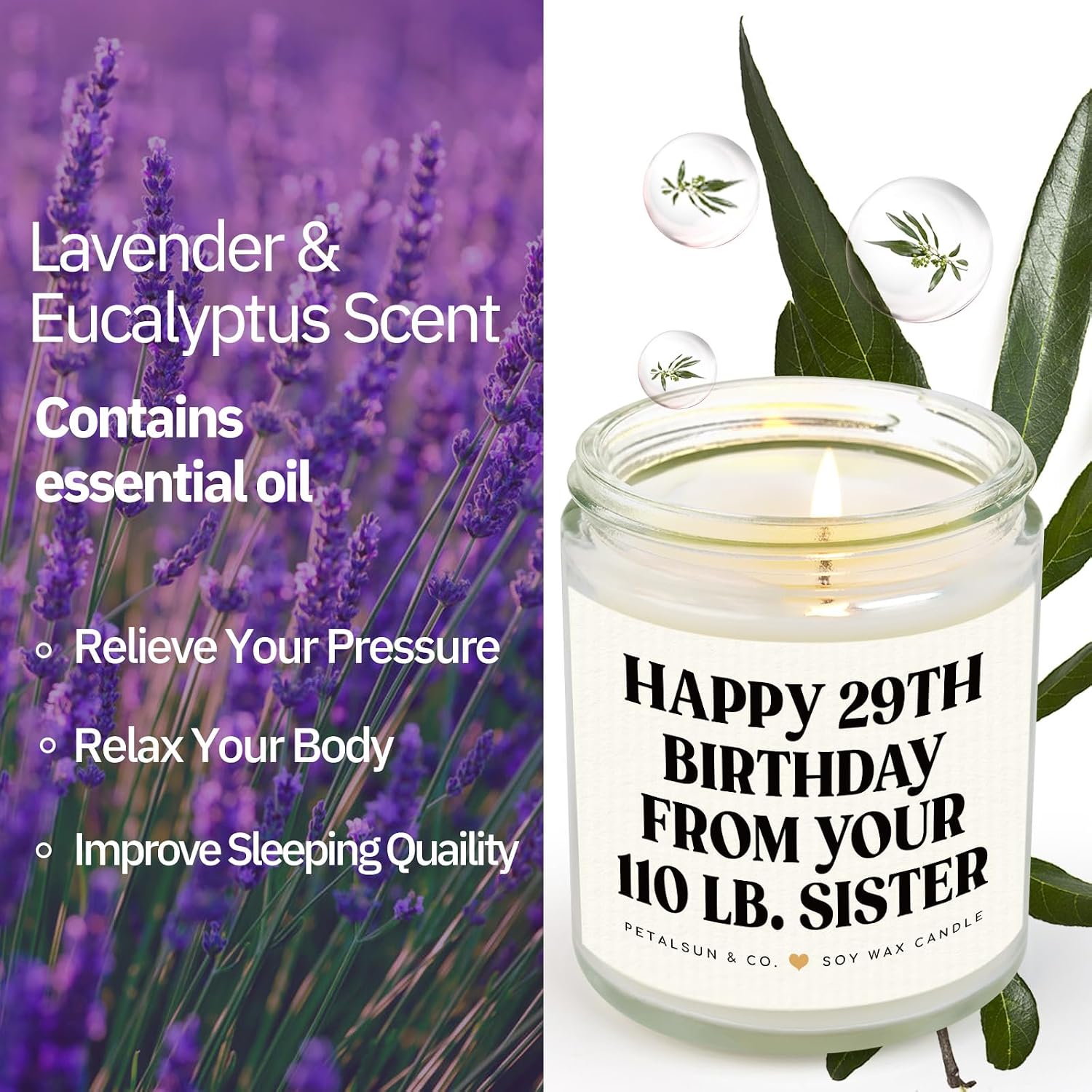 Petalsun Sister Birthday Gifts, Funny Sister Gifts from Sisters Brother- Lavender Natural Soy Wax Candle- Birthday Gift for Sister, Happy 29th Bday from Your 110 lb Sis(7oz)