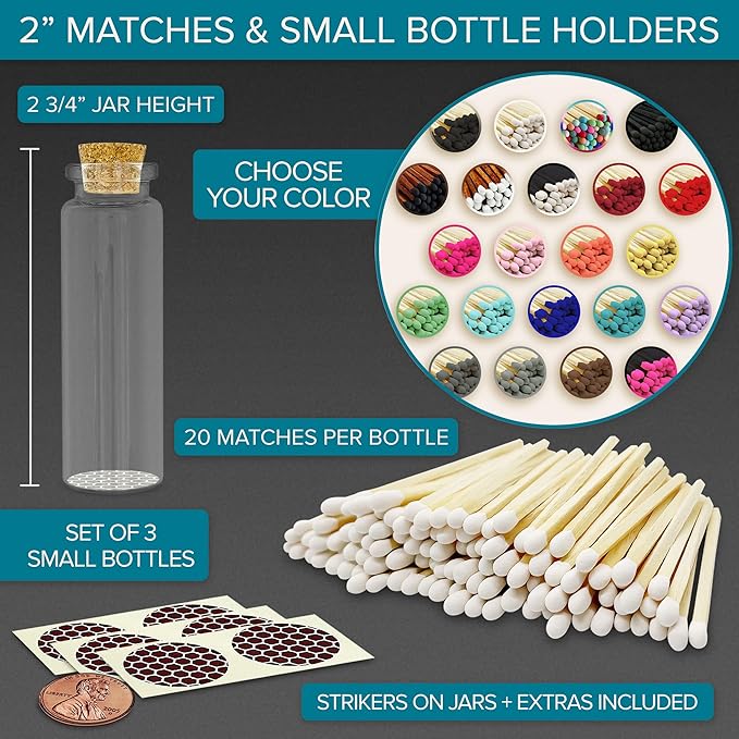 Thankful Greetings 2" Matches in 3 Glass Bottles Cork Top, Striker Stickers Included | 60 Matchsticks Color of Your Choice | Decorative Safety Matches w/Small Glass Holder | Gifts & Home Decor