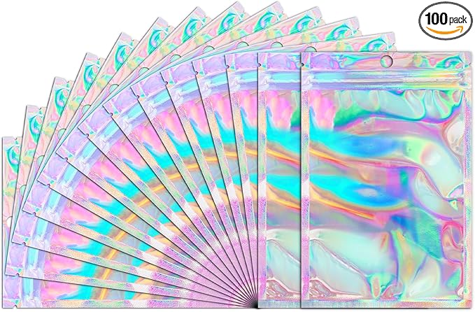 Funfery 100 Pack Smell Proof Holographic Bags Clear Window Resealable Bags,Mylar Foil Bag with Zipper,Sealing Pouch Packaging Bag for Food Storage,Candy,Party Favor Sample Business Supplies(3x4.7in