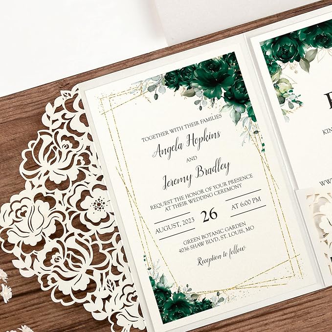 DORIS HOME 50pcs Laser Cut Wedding Invitations with Envelopes and RSVP Cards Green and Ivory White, 4.7x7.1 Personalized Invitation Cards for Wedding, Anniversary Invitations with Envelopes