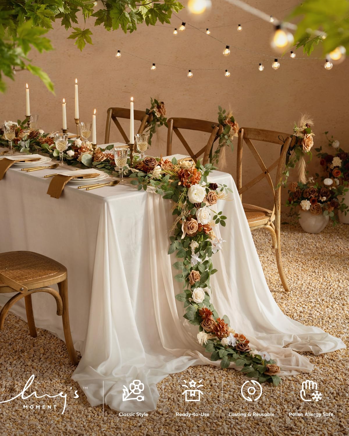 Ling's moment Flower Garland - 6FT Eucalyptus & Rose - Sweetheart Table Decor for Wedding Reception, Artificial Floral Garland for Mantle, Spring Garden Ceremony, Christmas Decoration, Beige Brown