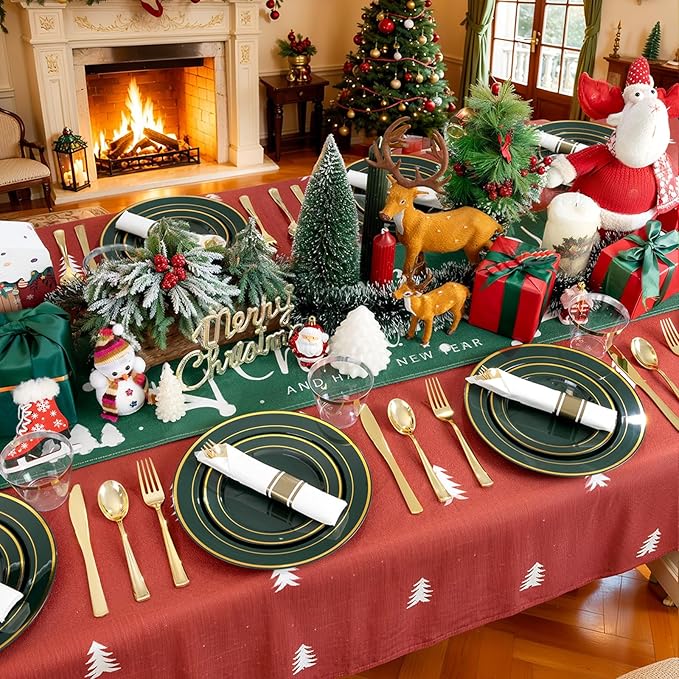 175PCS Green Plastic Plates - Green and Gold Disposable Plates 25Guests Plastic Christmas Plates with Rolled Napkins for Birthday/Christmas