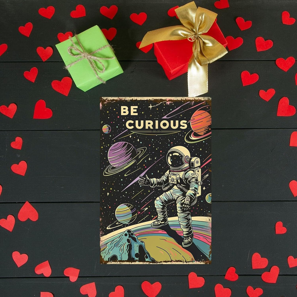 Astronauts Tin Signs, Outer Space Metal Arts, Be Curious, Universe Space Poster Planet Positive Wall Decor Plaque for Boys Kids Nursery, Game room 8 X 12 Inches