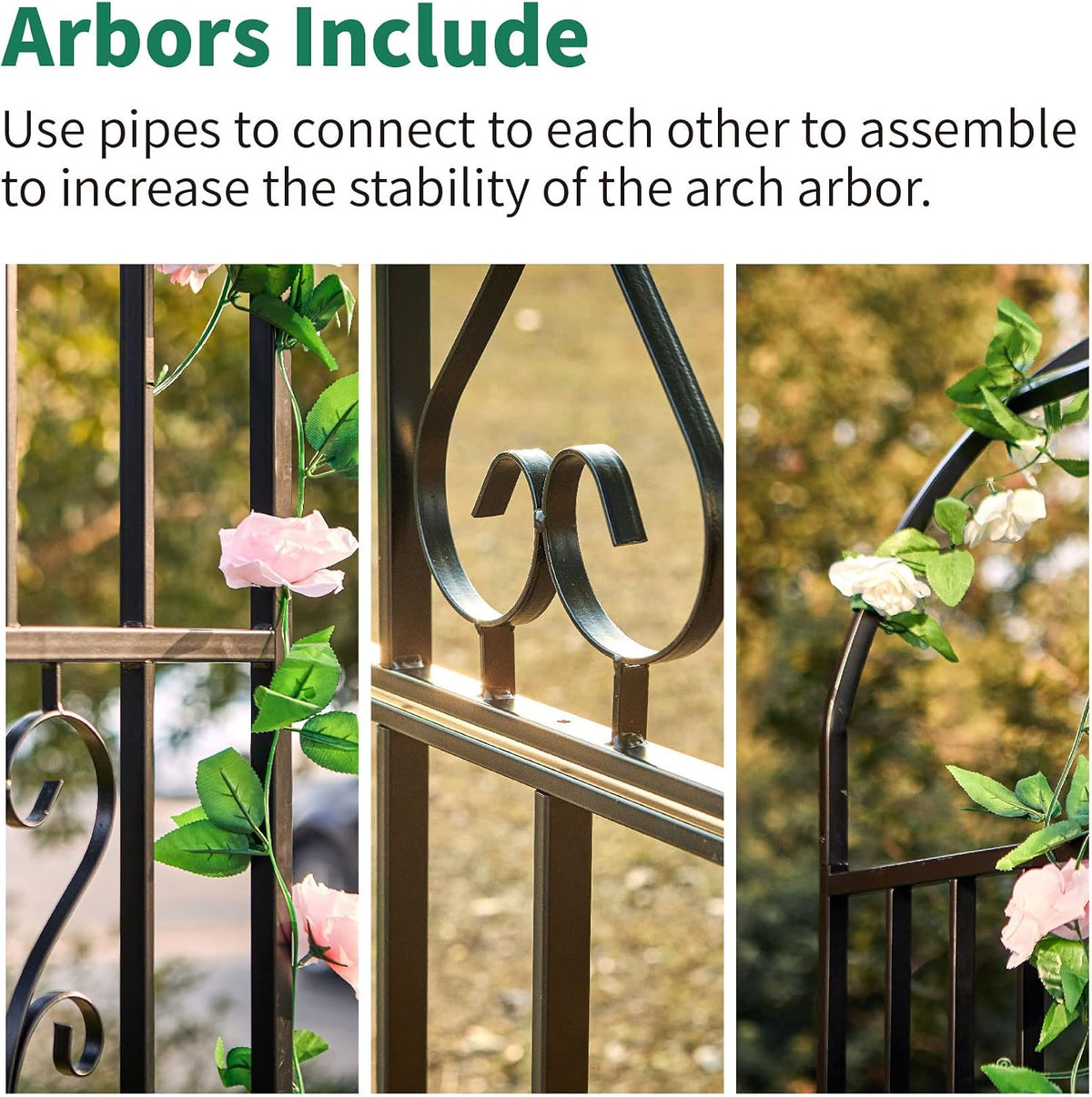 metal garden archway, 100"h x 45"w curved arbor, front angle view