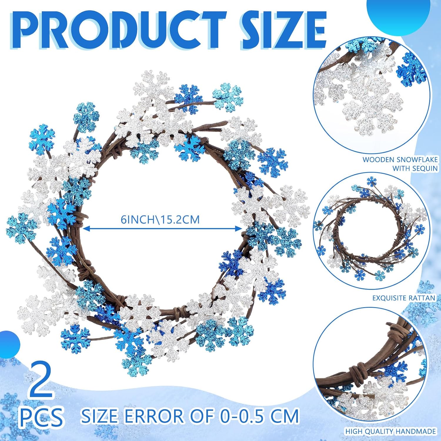 Daifunli 2 Pcs Winter Blue Snowflake Candle Rings Snowflake Wreath Glitter Vintage Wood Wreaths for Pillar 6 Inch Candles Holder for Winter Christmas Rustic Table Centerpiece Decor