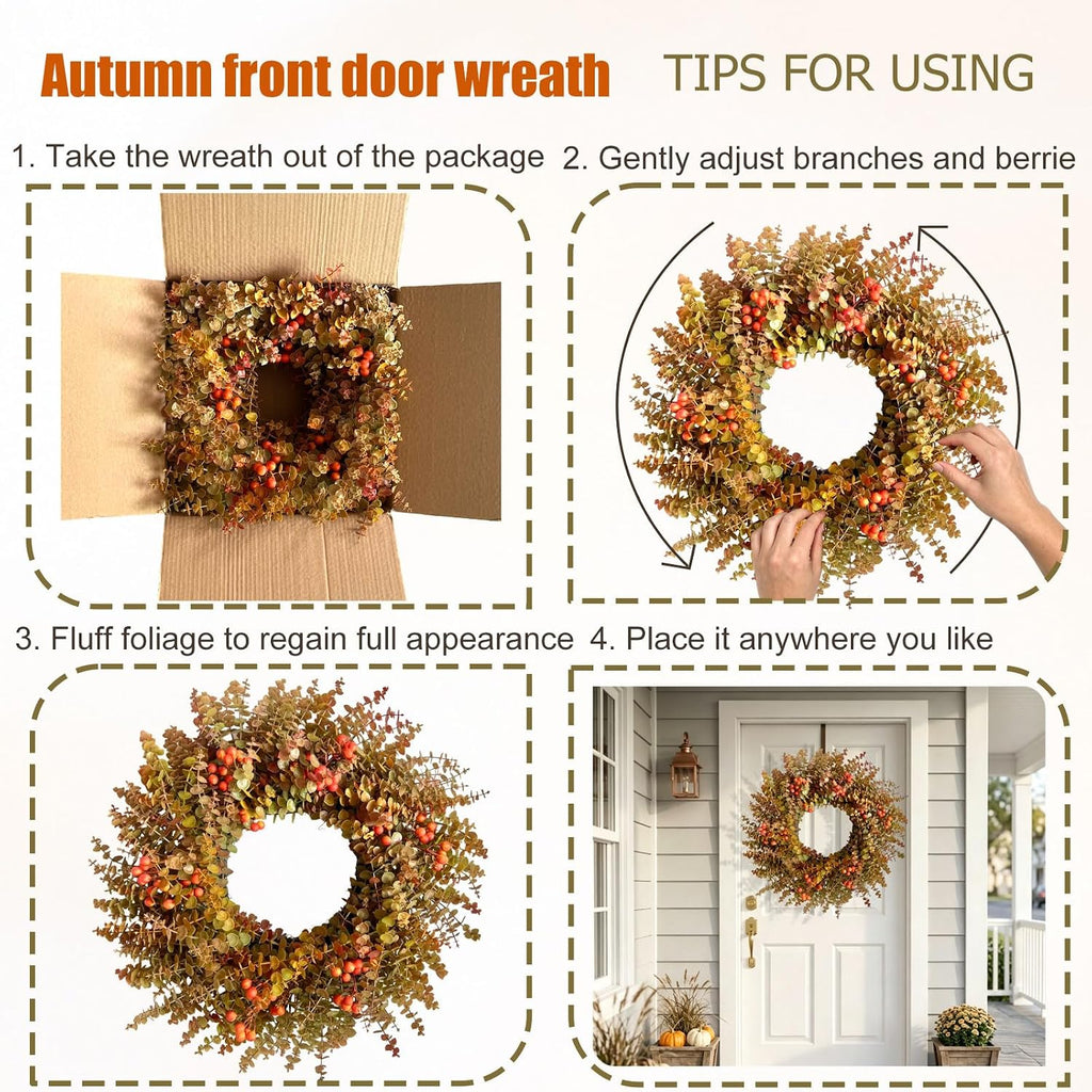 26" autumn fall eucalyptus wreath, front door burnt showing dimensions