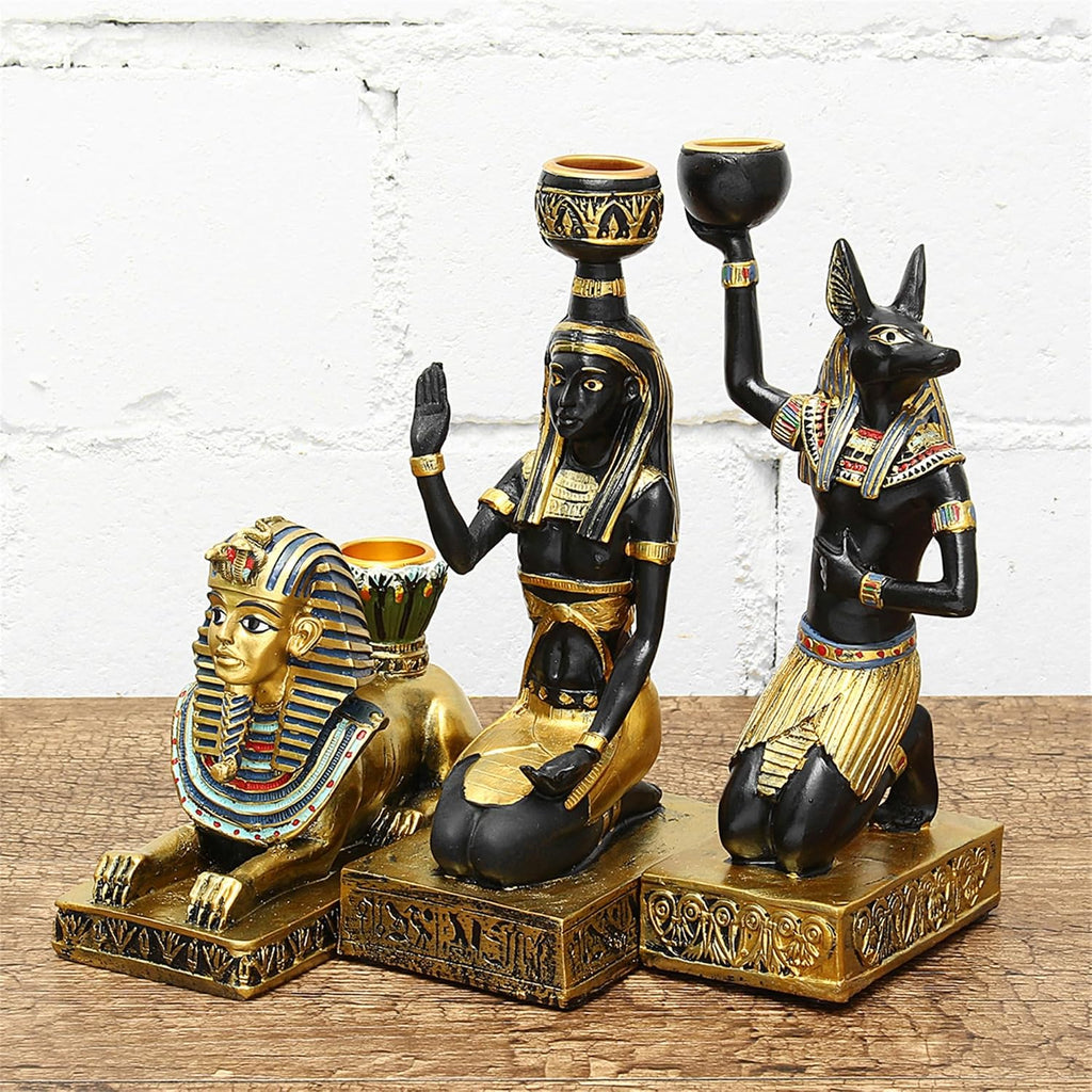 Egyptian Mythology Resin Candle Holder Set 3 Anubis Goddess Sphinx Decor