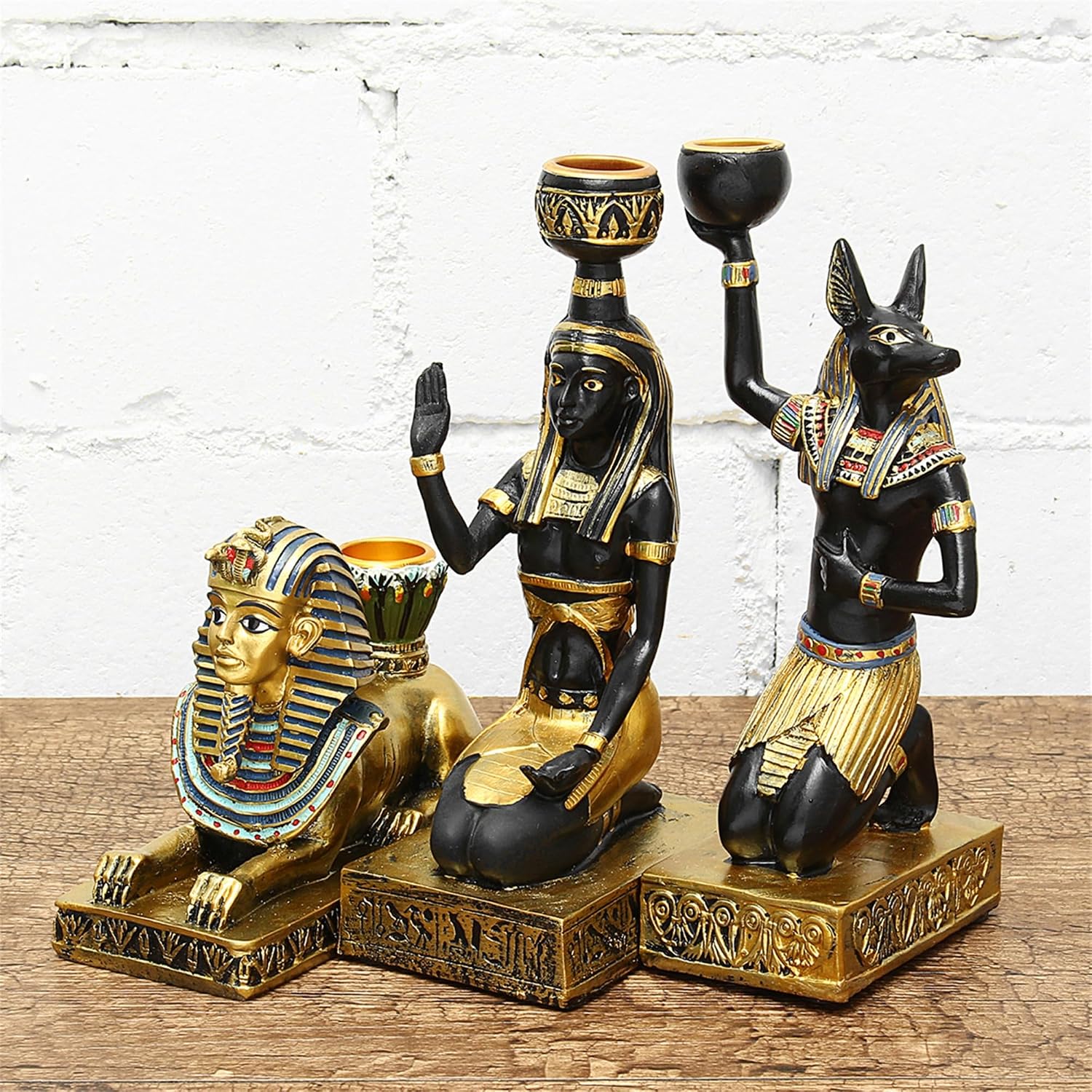 Egyptian Mythology Resin Candle Holder Set 3 Anubis Goddess Sphinx Decor