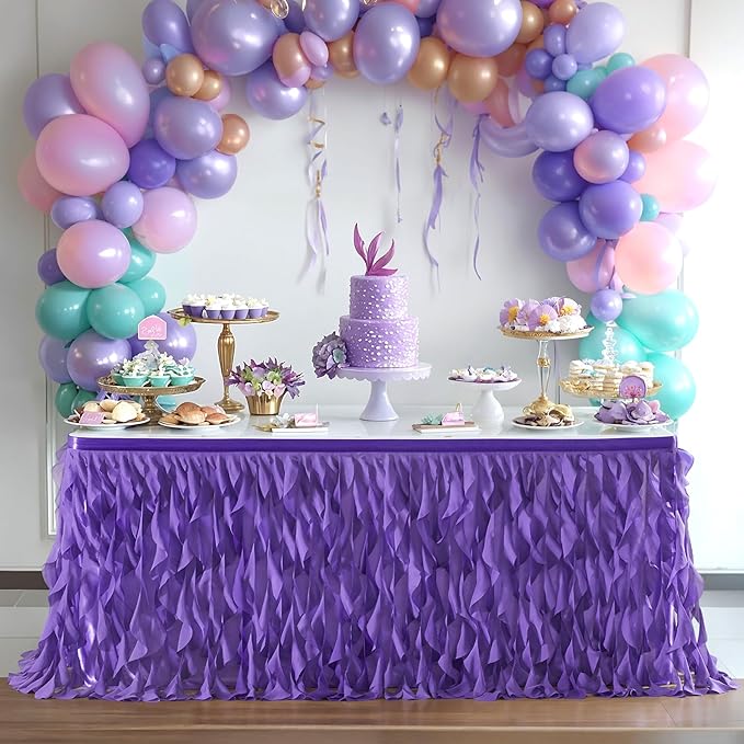 Partisky Mermaid Purple Tulle Curly Willow Table Skirt for Rectangle Table 17ft, Ruffle Tutu Table Cloth for Girls Boys Baby Shower,Mermaid Birthday Party