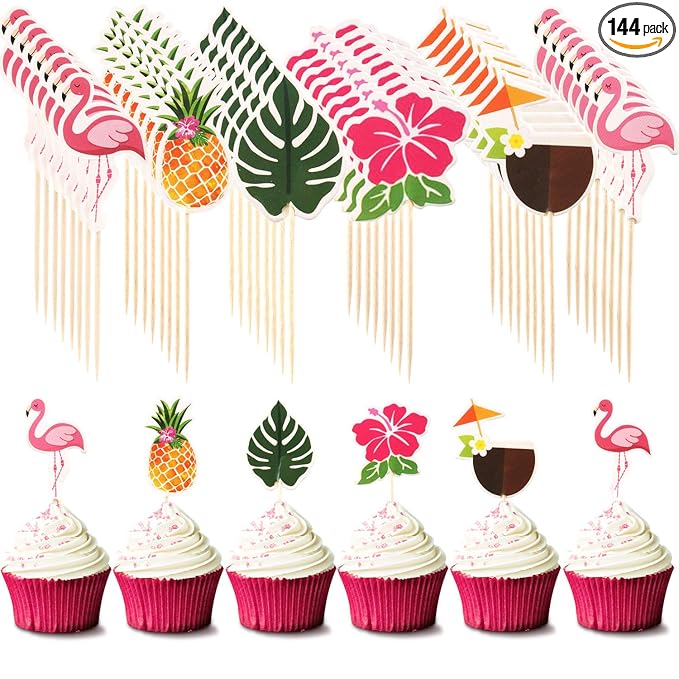 Luau Cupcake Toppers Tropical?Cake Decorations Hawaiian Toothpicks Sticks with Flamingo Pineapple Palm Leaves Shape Picks for Summer Beach Theme Party Favors Supplies, 6 Styles (144)