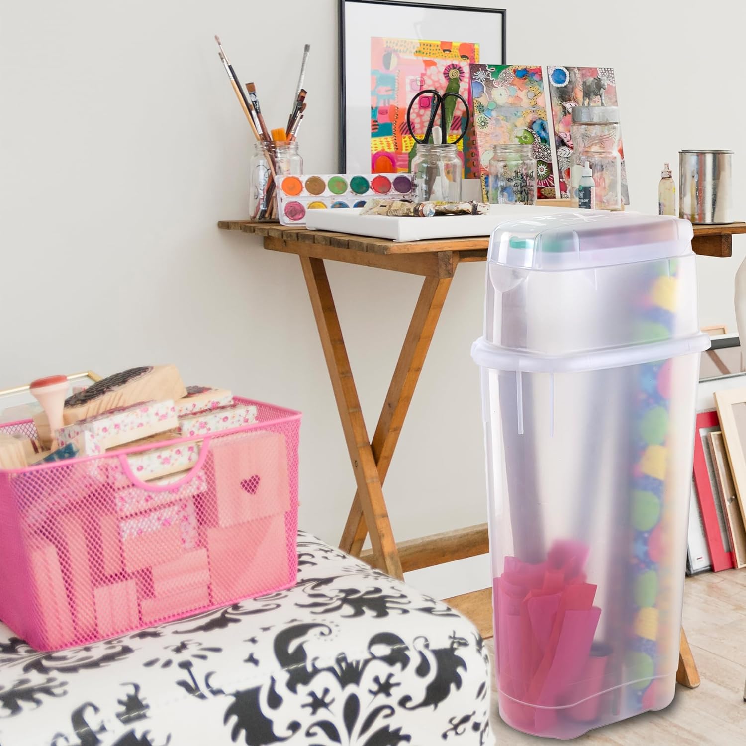 Rubbermaid Wrap N' Craft Plastic Wrapping Paper Organizer Storage Container with Top Ornament Storage Compartment for 20 Standard 30 Inch Rolls, Clear
