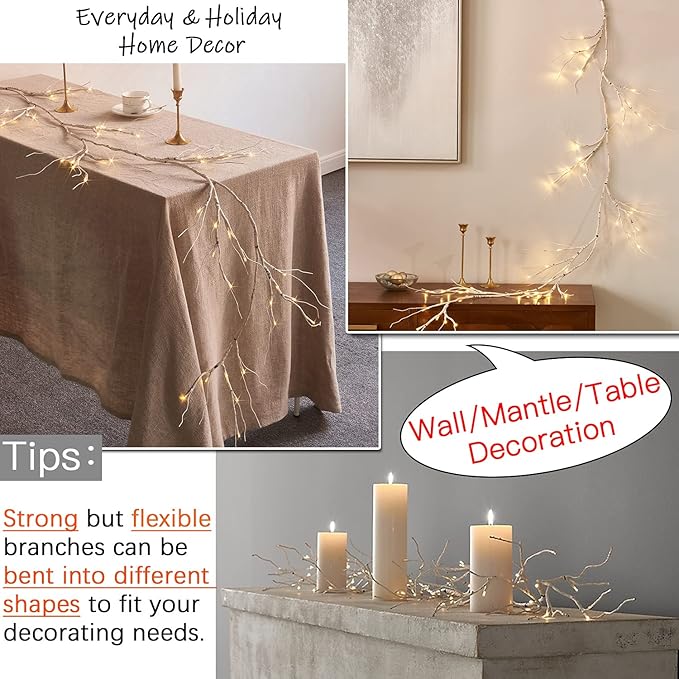 Fudios Lighted Birch Garland with Timer 48 LED Fairy Lights 6ft Battery Operated for Mantle Decor, Lit Christmas White Twig Garland Winter Home Wall Decoration Indoor Outdoor Use 1 Set