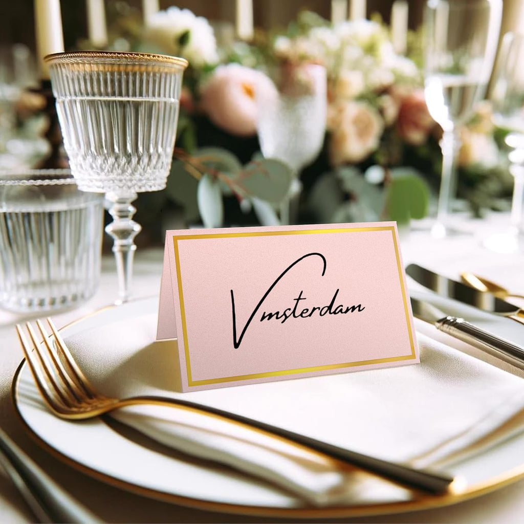 Gold Foil Place Cards for Table Setting，100PCS Table Name Cards | Pearled Tent Cards,250gsm Avery Table Cards for Wedding,Party Buffet, Reserved Seating Sign,Meeting,Banquets, Peach Pink