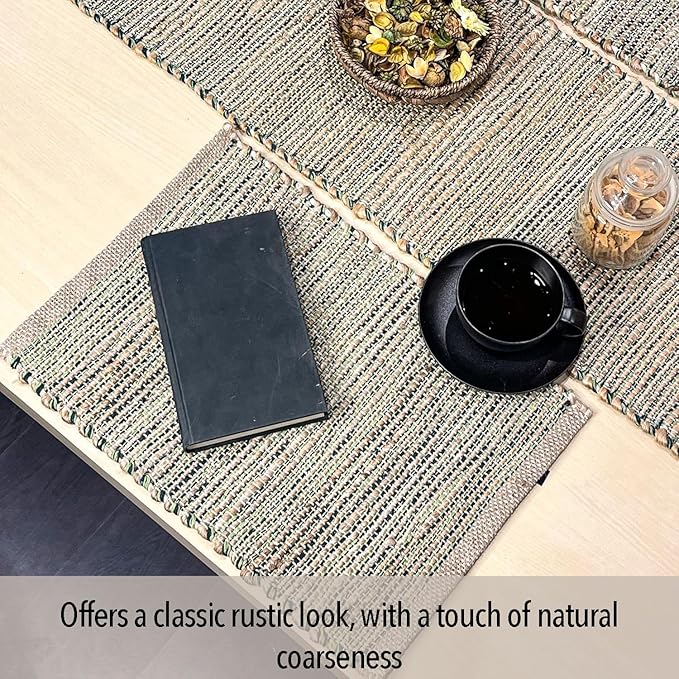 Chardin Home Natural Jute & Green Placemats, Set of 4 – Rustic Handmade Boho Table Mats, 13x19 Inch Dining Table Placemats for Kitchen, Everyday Meals, Holidays, Farmhouse or Modern Table Décor