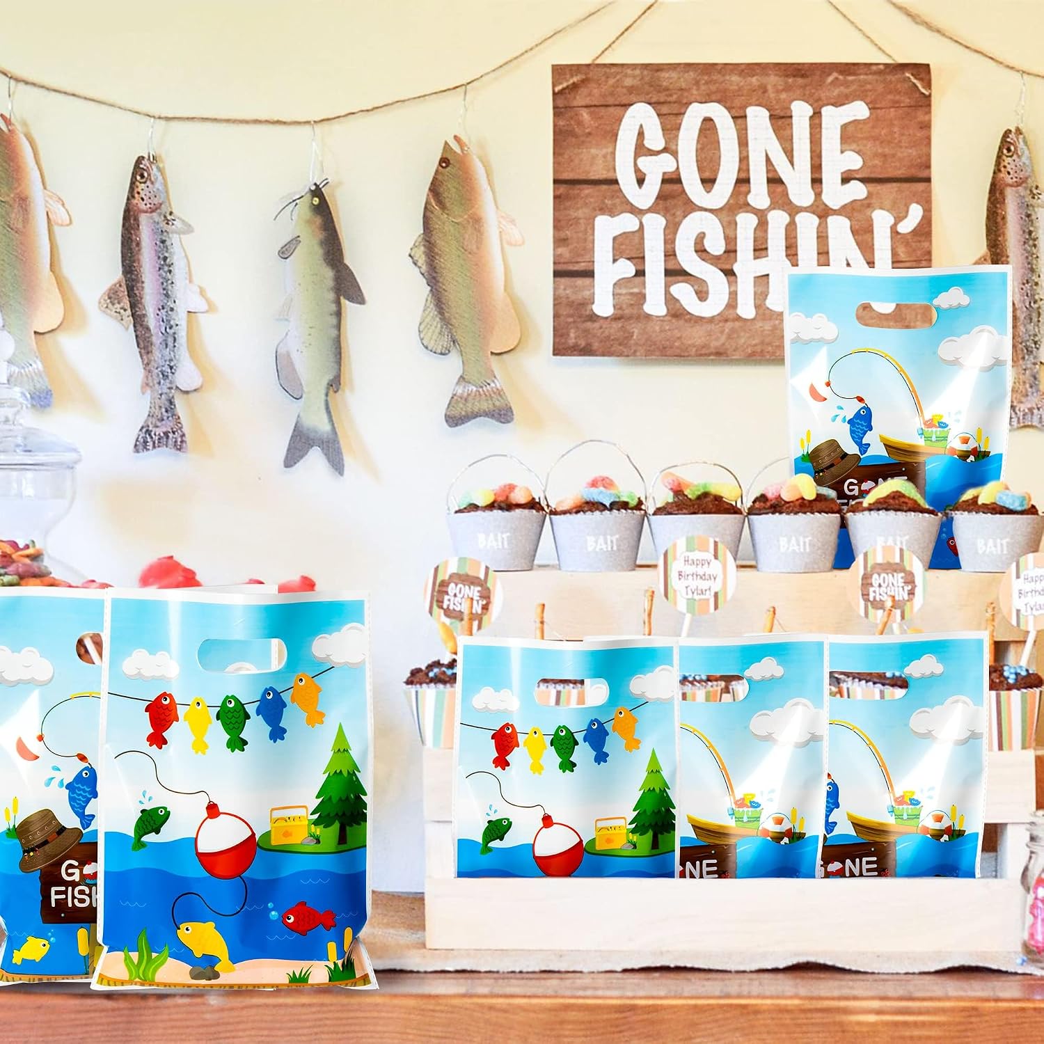 50Pcs Little Fisherman 1st Birthday Party Bags Gone Fishing Goody Candy Treat Plastic Gifts Bags Gone Fishing The Big One Birthday Party Decorations Supplies Decor for Kids