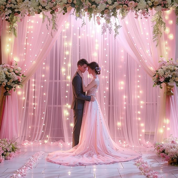 10x10ft Pink Chiffon Backdrop Curtain with Lights for Wedding Parties Baby Shower, Pink Sheer Backdrop Curtains for Girls Birthday Party Bridal Shower Photo Shoot Decor (5×10ft, 2 Panels)