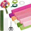 Crepe Paper Streamers 10 Rolls，10 * 98in Pastel Crepe Paper Sheets Kit for DIY Gift Colourful Paper Flower with 100 Pcs Flower Stalk，Gardening Tape，Scissors，Double-Sided Tape and Glue Sticks (Pink)