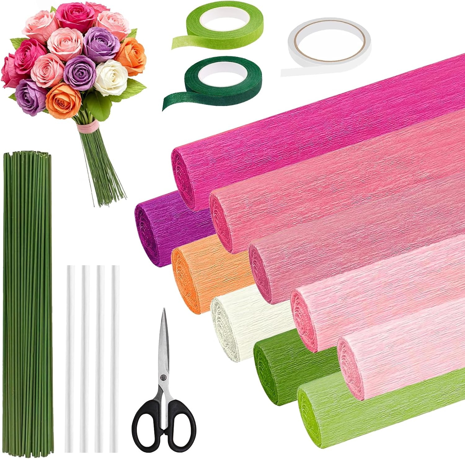 Crepe Paper Streamers 10 Rolls，10 * 98in Pastel Crepe Paper Sheets Kit for DIY Gift Colourful Paper Flower with 100 Pcs Flower Stalk，Gardening Tape，Scissors，Double-Sided Tape and Glue Sticks (Pink)