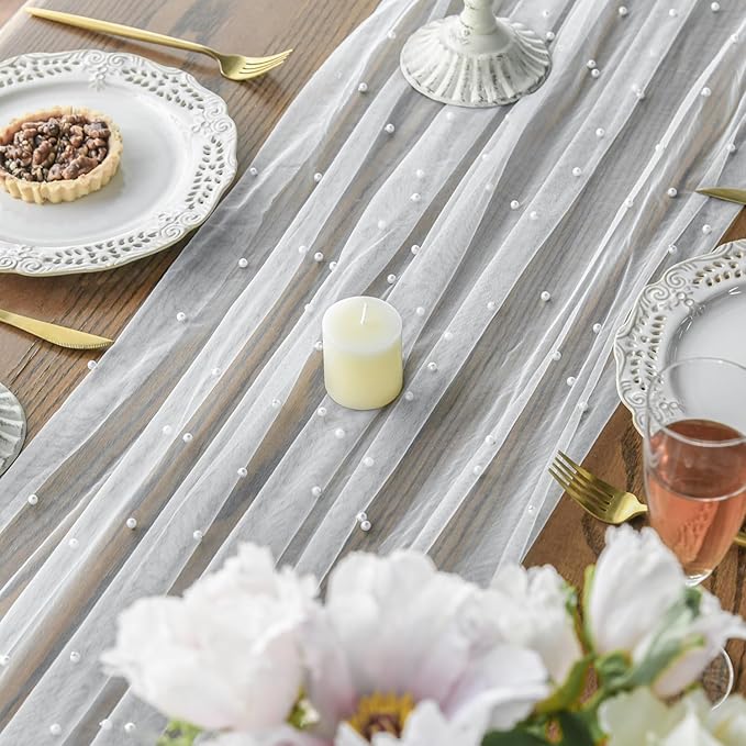 Artoid Mode Pearl Gauze Table Runner 59x120 Inch , Seasonal Sheer Kitchen Dining Holiday Wedding Birthday Baby Shower Table Decor for Home Party