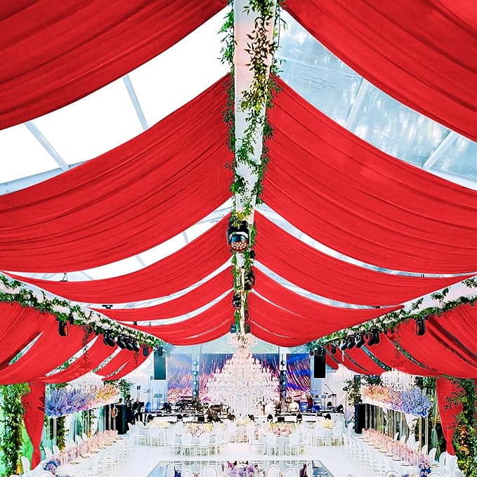 6 Panels Red Ceiling Drapes for Wedding 5ftx30ft Chiffon Fabric Arch Draping Curtains Sheer Drapery for Party Ceremony Birthday Baby Shower Reception Stage Swag Ceiling Decorations
