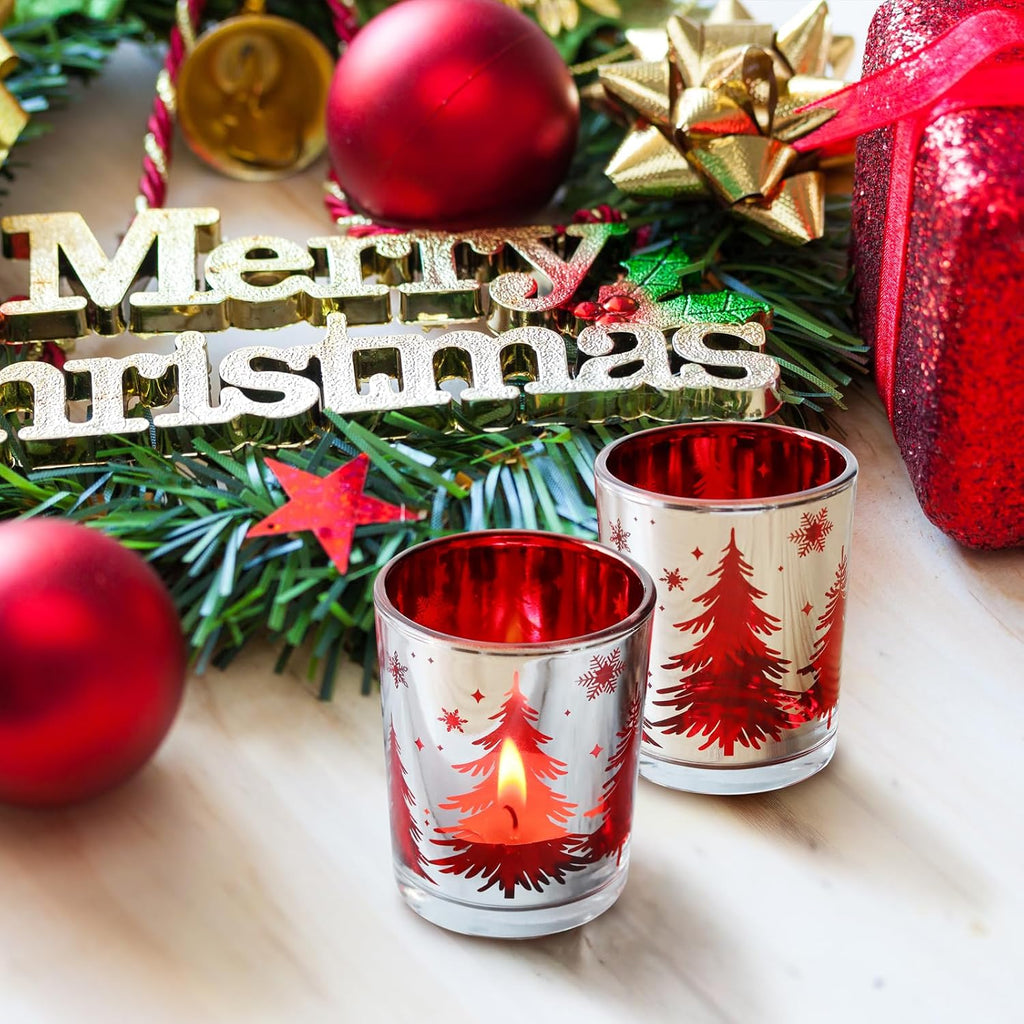 Christmas Candle Holders 12PCS, Silver Red Votive Tealight Candle Holders with Carved Christmas Trees for Xmas Table Centerpiece Decor
