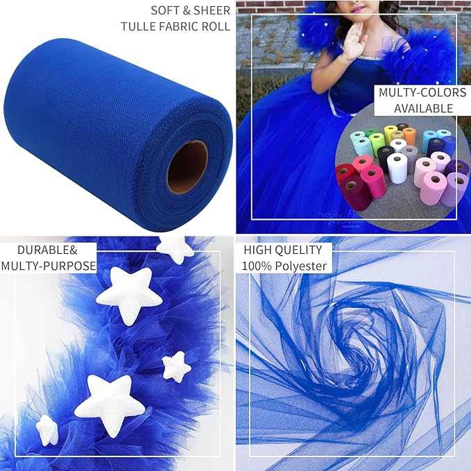 Royal Blue Tulle Fabric Rolls 6 Inch by 100 Yards (300 feet) Fabric Spool Tulle Ribbon for DIY Royal Blue Tutu Bow Baby Shower Birthday Party Wedding Decorations Christmas Craft Supplies