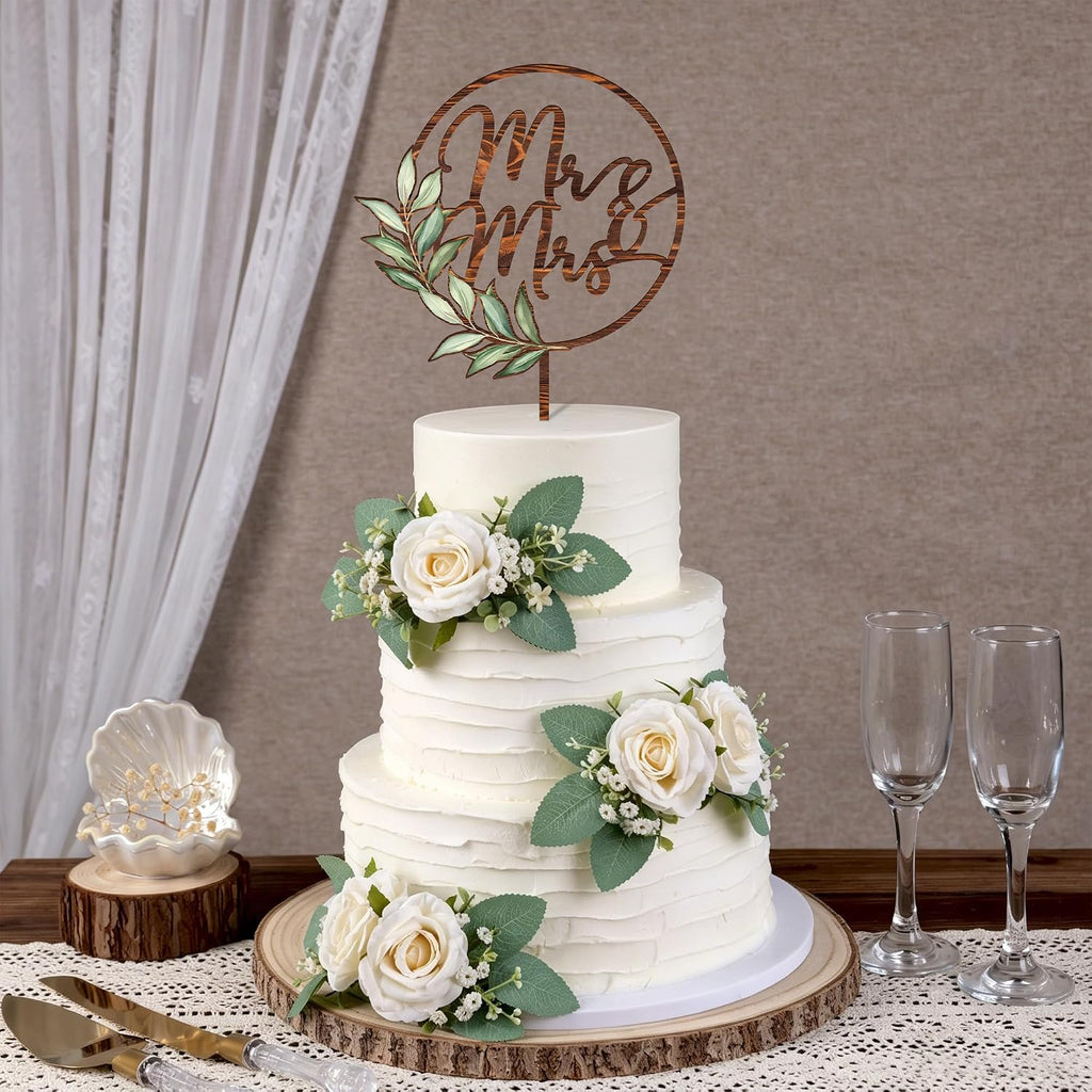 Mr & Mrs Cake Topper Greeny Wedding Cake Topper in Wood (Walnut Texture)