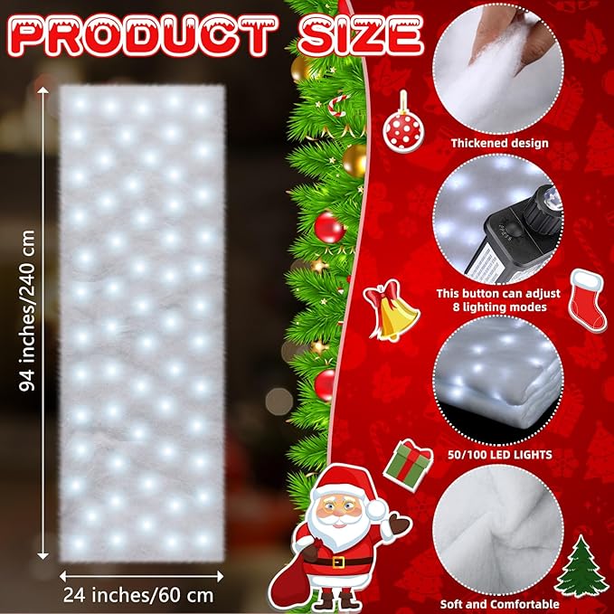 VIHOSE Christmas Snow Blanket with LED Lights String Pre Lit Artificial Fake Snow Blanket Roll Lighted Table Runner for Christmas Tree Village Display Winter Holiday Decor (White Light,94'' X 24'')
