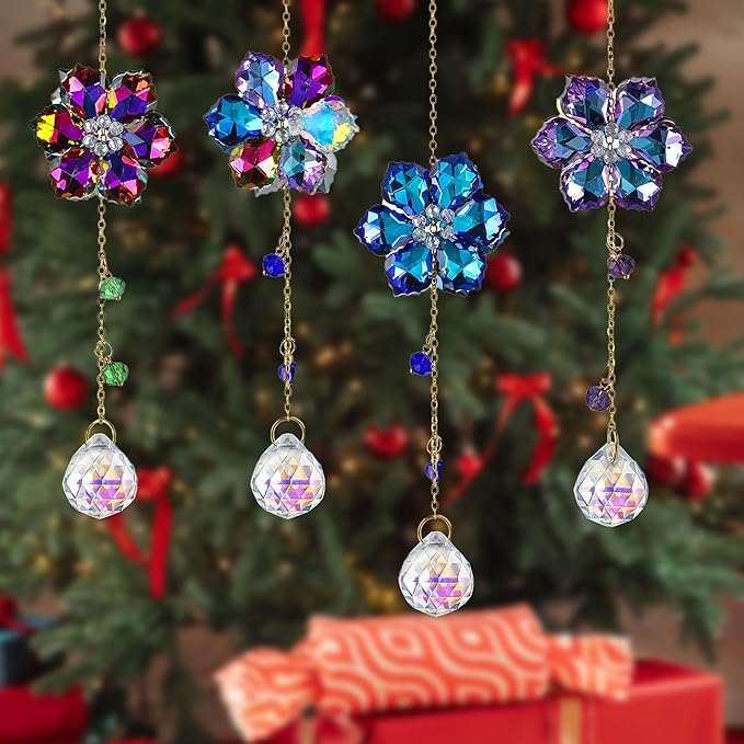 HDCRYSTALGIFTS 4pcs Crystal Flower Suncatchers for Window Hanging Ornaments, Rainbow Maker Crystal Sun Catchers Indoor Window Outdoor Patio Garden Decor Gifts (Multicolor)