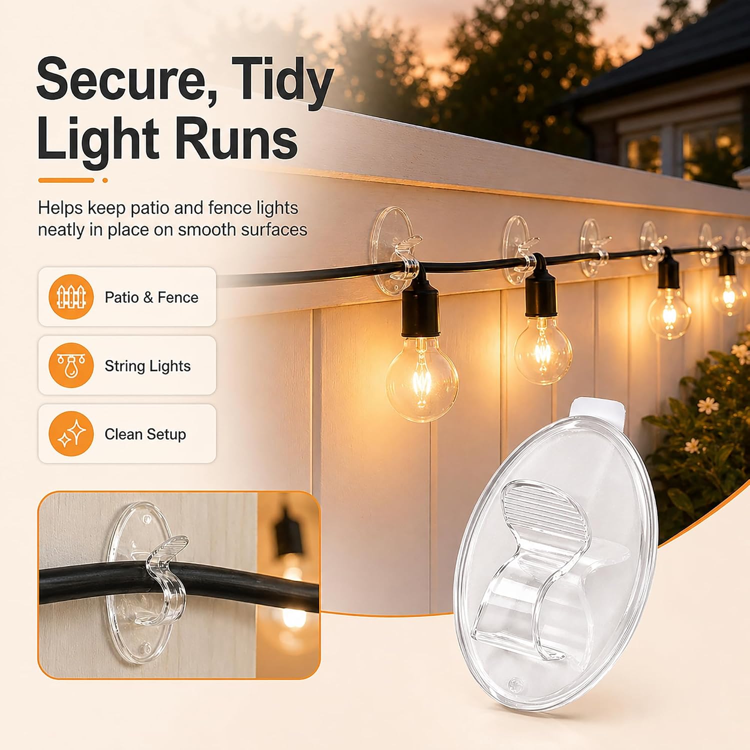 Outdoor String Lights Hooks Clips - 20Pcs Clear Waterproof Adhesive Hangers | 3X Stronger Adhesion - Heavy Duty Removable Sticky Strips No Drill No Residue Indoor Outside Patio Fence Wall Cord Christmas