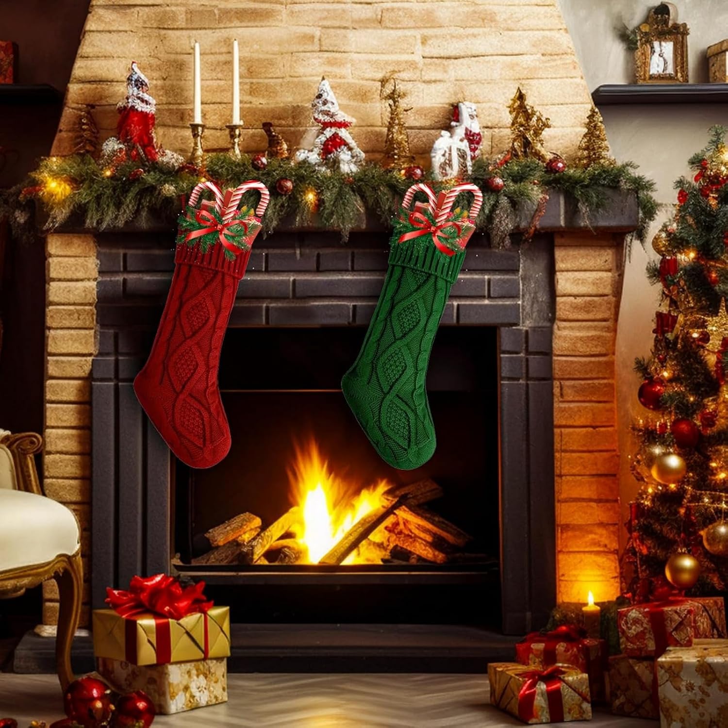 NOT HOME Christmas Stockings 2 Pack, 18 Inches Red and Green Knitted Christmas Stockings, Large Size Burgundy and Dark Green Knit Christmas Stocking Gifts for Family Christmas Decorations