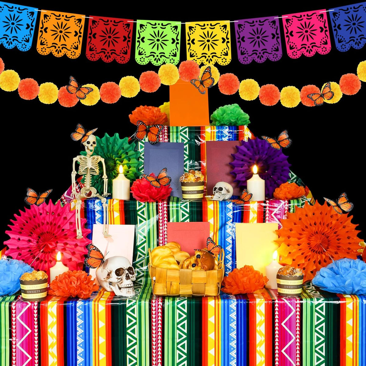 Newwiee 79 Pcs Day of The Dead Altar Decorations Kit,Striped,Colorful