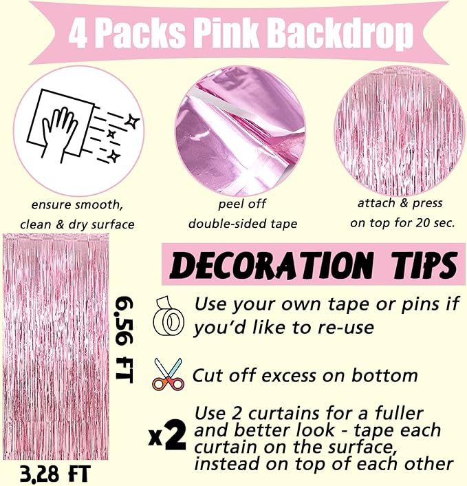 4 Pack Pink Fringe Curtain Backdrop, 3.2Ft x 6.6Ft Metallic Tinsel Foil Fringe Streamers Background for Photo Booth Birthday Wedding Baby Shower Carnival Easter Mother’s Day Party Decorations