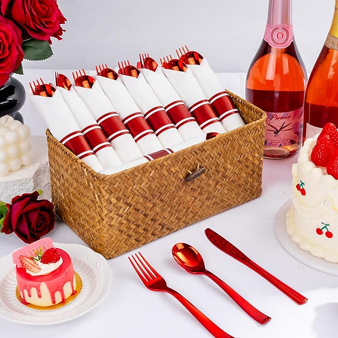 400PCS Pre Rolled Red Plastic Silverware Sets - Heavy Duty Red Cutlery - Include 100 Pack Wrapped Disposable Utensils with Napkins for Christmas Parties & Dinners & Weddings