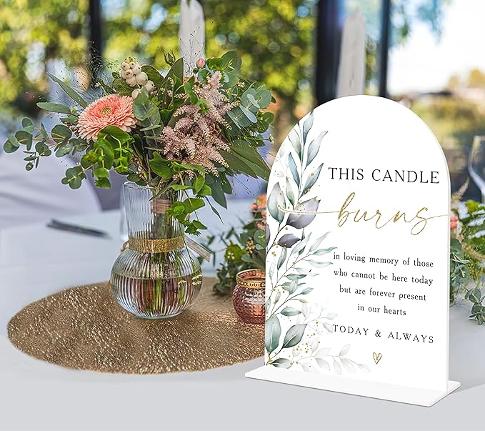 Acrylic Wedding Signs, Greenery Theme This Candle Burns in Loving Memory of, Memorial Table Sign for Wedding, Bridal Shower Table Decor with Stand, Engagement, Anniversary, Newlywed Event Supplies, 25