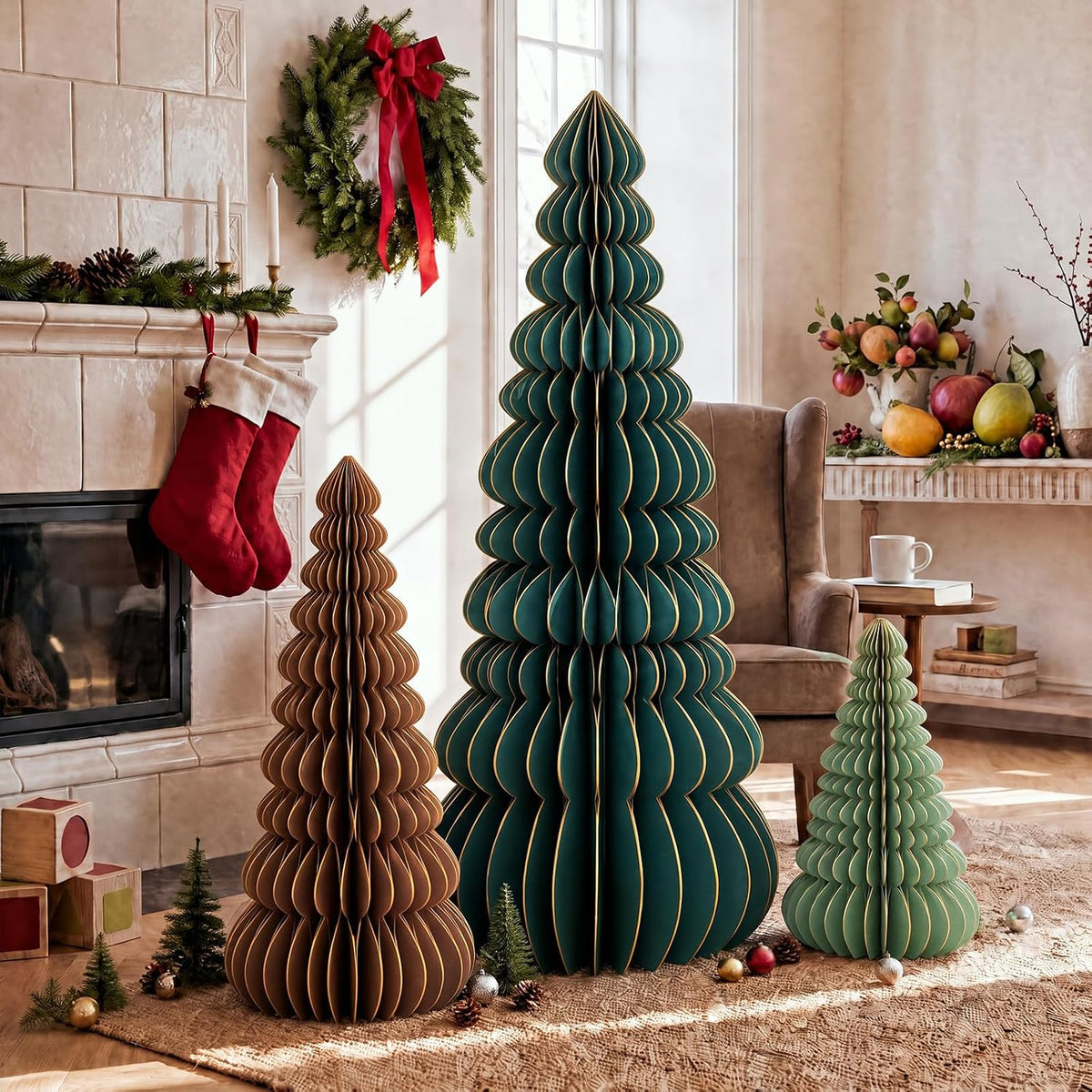 glikceil 3 set large honeycomb paper christmas tree shown in use