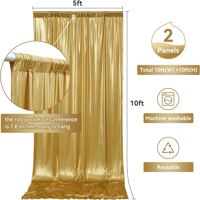 10x10 ft Gold Sequin Backdrop Curtain Panels for Parties, Wrinkle Free Glitter Photo Backdrop Drapes 2 Panels 5x10FT Shimmer Back Drop Cloth for Wedding Birthday Christmas Photography Background