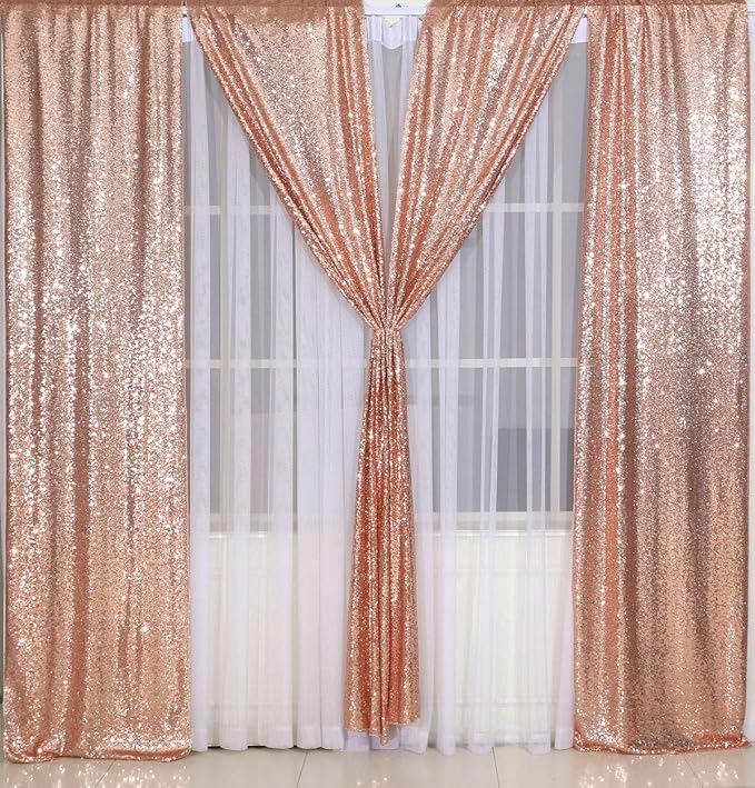 2ft x 8ft Rose Gold Sequin Backdrop Curtains Photography 2 Panels for Party Decoration, Rose Gold