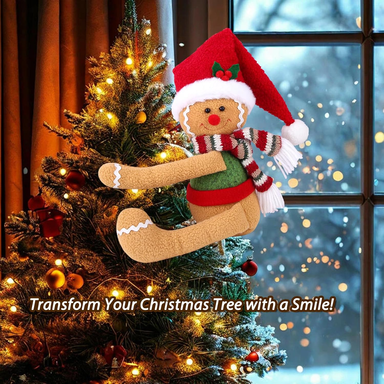 Gingerbread Man Christmas Tree Topper Decorations, Unique Funny Gingerbread Tree Topper Xmas Santa Hat Gingerbread Plush for Christmas Tree Wine Bottle Curtain Ornaments, Christmas Holiday Home Decor